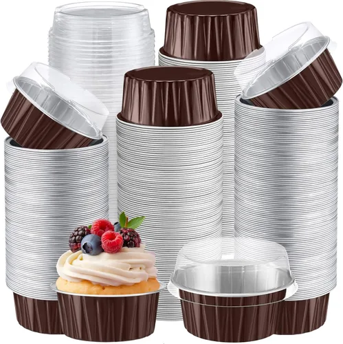 Miniatura 40 de Gejoy 400 Piezas Moldes de Papel de Aluminio para Hornear con Tapas 5 oz Moldes Desechables Ramekins Mini Moldes para Pasteles Crème Brûlée Moldes