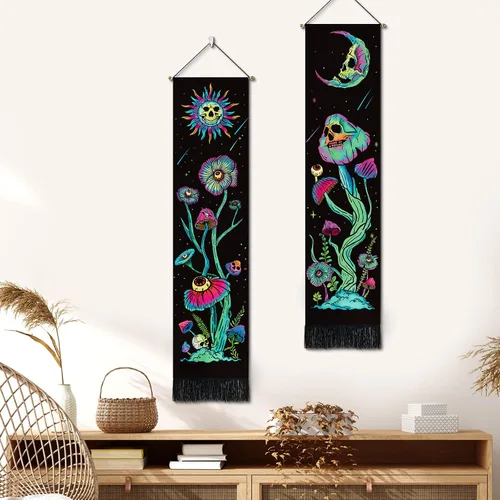 Miniatura 2 de Paquete de 2 tapices verticales de luz negra, sol y luna, calavera de hongos, fantasía, floral, fondo espacial de galaxia, para colgar en la pared
