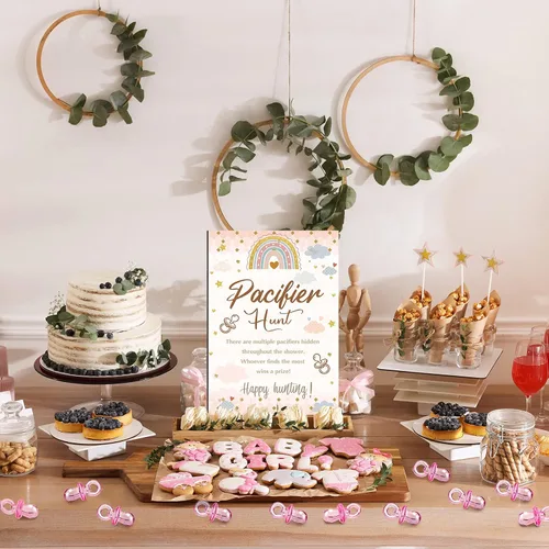 Miniatura 6 de Thyle Juego de 51 piezas de chupete de caza para baby shower, incluye signo de caza y 50 chupetes acrílicos para decoración de juegos de baby Rosa