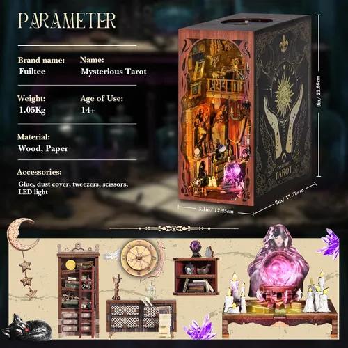 Miniatura 5 de Kit de Rincón de Libros DIY, Rompecabezas de Madera 3D Booknook, Estantería en Miniatura, Casa de Muñecas, Prueba de Adivinación de Tarot, con Luz