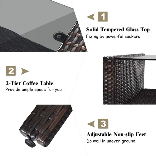Miniatura 8 de COSTWAY Juego de muebles de patio de 4 piezas, sofá modular de mimbre con cojín, sofá biplaza, mesa de centro con vidrio templado y estante