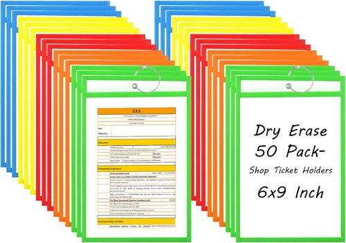 Paquete de 50 soportes para boletos de tienda de 6 x 9 pulgadas, 5 colores surtidos, fundas de bolsillo de borrado en seco con 5 anillos para tienda