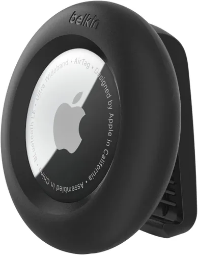Belkin Apple AirTag Soporte Seguro con Clip - Estuche Duradero Resistente a Rayones Air Tag con Resorte para Sujetar a Mochila, Ropa y Equipaje Negro
