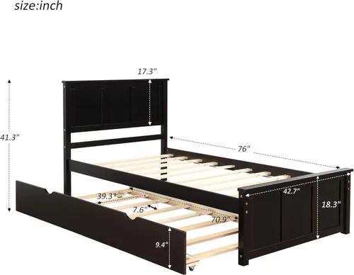 Miniatura 2 de P PURLOVE Cama de plataforma de tamaño individual con nido, marco de cama nido de madera con cabecera y soporte de listones, no necesita somier