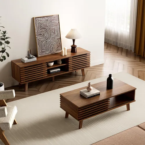 Miniatura 5 de Furniway Mesa de Centro Moderna de Mediados del Siglo, Mesa de Centro de Madera con Almacenamiento, Mesa de Estilo Rústico para Sala de Estar