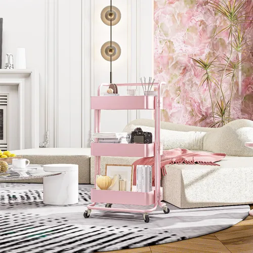 Miniatura 2 de Carrito de almacenamiento con ruedas de metal, carrito utilitario de 3 niveles con ruedas, organizador multifuncional para cocina, dormitorio, Rosa