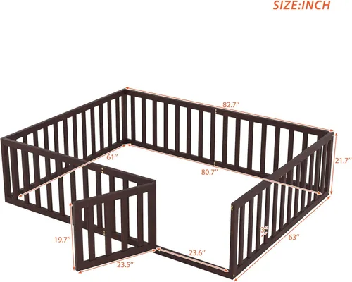 Miniatura 2 de Bellemave Cama de suelo de madera tamaño Queen para niños, cama Montessori con barandillas en forma de valla y puerta, para niños, niños y niñas