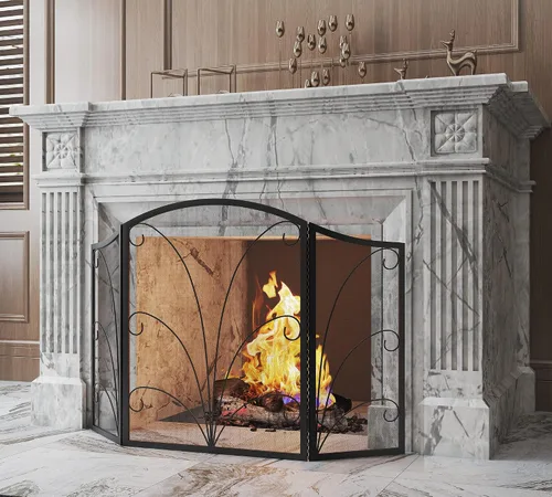 Miniatura 7 de Kingson - Pantalla para chimenea de 3 paneles con arco decorativo, hecha a mano, de hierro forjado con espiral, cubierta protectora contra chispas