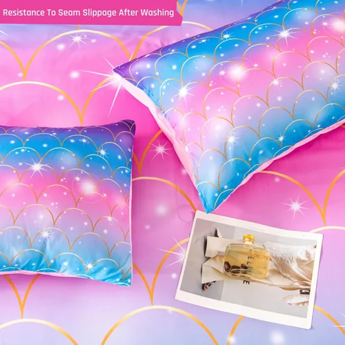 Miniatura 4 de PERFEMET Juego de edredón rosa de sirena para niñas, tamaño individual, 6 piezas, ropa de cama en una bolsa con sábanas con purpurina 3D arcoíris