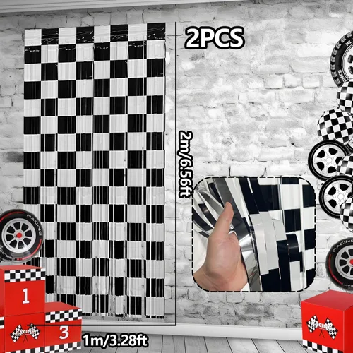 Miniatura 2 de Cortinas de Flecos de Aluminio de Coches de Carreras Telón de Fondo para Fiestas de Cumpleaños, Pack de 2, 1.00 x 2.00 m Cortinas de Flecos