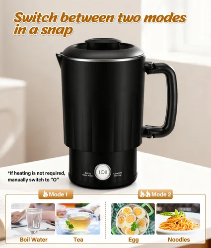Miniatura 6 de Hervidor eléctrico portátil de viaje, hervidor de agua pequeño de 20.3 fl oz con taza de cerámica, caldera de agua de acero inoxidable 304 con doble