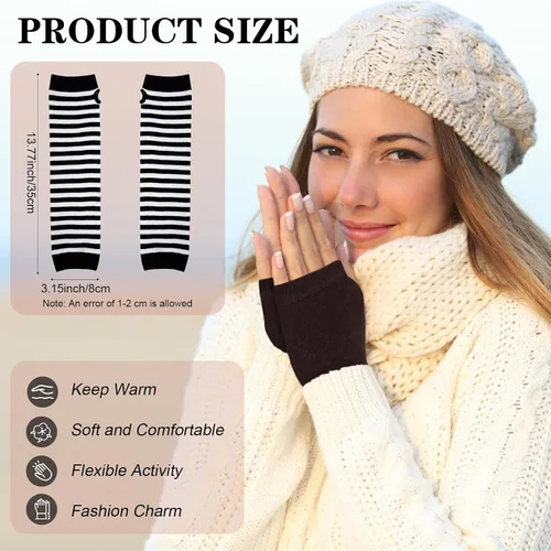 Miniatura 10 de Amandir Guantes largos sin dedos para mujer, calentadores de brazos, guantes elásticos de punto para el pulgar