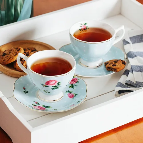 Miniatura 9 de BTAT - Juego de 8 tazas de té y platillos florales (8 onzas), juegos de tazas de té de porcelana, colores surtidos con ribete dorado y caja
