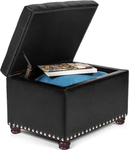 Miniatura 4 de Otomana de cuero con almacenamiento, 24 pulgadas, reposapiés otomanos con tapa con bisagras, taburetes tapizados rectangulares, con cabeza de clavo