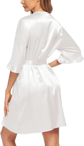 Miniatura 3 de Ekouaer Bata de satén para mujer, lencería de San Valentín para mujer, kimono, bata corta con volantes, cinturón, ropa de dormir para damas de honor