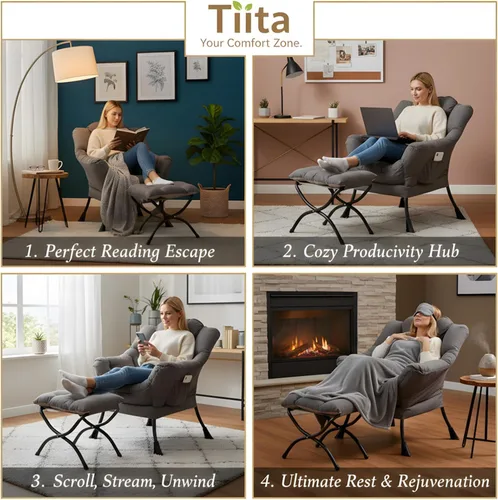 Miniatura 7 de Tiita - Silla perezosa con otomana, moderna y grande, sillón de ocio con otomana, silla de sofá con reposapiés para recámara, sala de estar, Gris