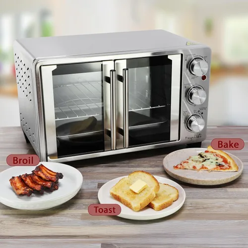 Miniatura 7 de MegaChef Horno Tostador Eléctrico Multifunción de Acero Inoxidable con Puerta Francesa de 26.4 Cuartos con Control de Temperatura y Temporizador