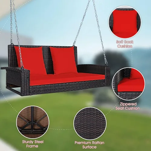 Miniatura 8 de Tangkula Columpio de Mimbre para Porche de 2 Personas, Patiojoy Banco Colgante de Ratán para Exteriores con 2 Cojines de Respaldo y 1 Cojín