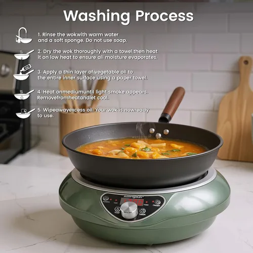 Miniatura 8 de Placa de Inducción para Wok de 1700W con Wok de Acero al Carbono Nitrurado de 13.4", Fondo Redondo y Compatible con Sartén Plana, Juego de Wok