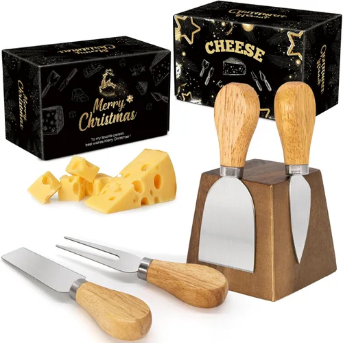 Juego de cuchillos de queso para embutidos – 4 cuchillos de queso pequeños de acero inoxidable y tenedor con soporte magnético de madera de acacia –