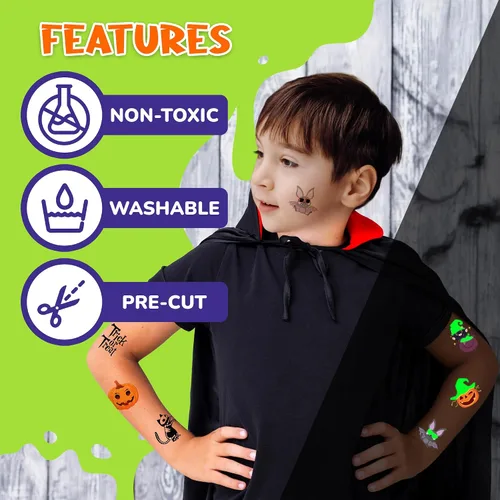 Miniatura 6 de ArtCreativity Tatuajes temporales individuales de Halloween que brillan en la oscuridad para niños, juego de 144 tatuajes en 12 diseños
