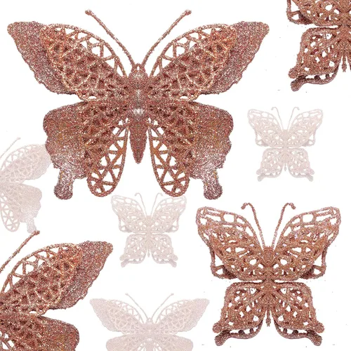 Miniatura 8 de 16 decoraciones de árbol de Navidad con purpurina, 2 estilos de adornos de mariposa hueca con clips, decoraciones de mariposa artificial para árbol