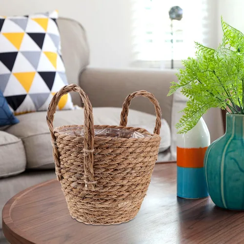 Miniatura 2 de Zerodeko Cesta de hierba marina, cesta de paja, cesta tejida, maceta de mimbre con forro de plástico para plantas de interior, lavandería, 6.3 in