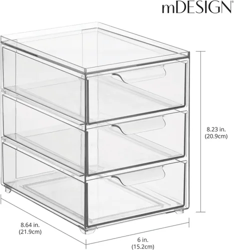 Miniatura 3 de mDesign Organizador apilable de plástico con 3 cajones, contenedor de almacenamiento con cajones extraíbles para fregadero de baño/organización