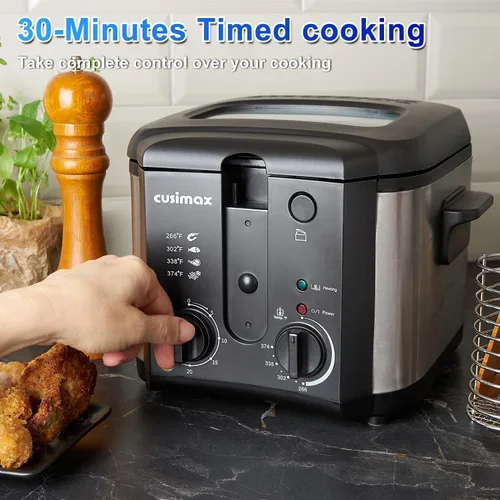 Miniatura 7 de CUSIMAX Freidora Eléctrica Profunda para Uso Doméstico, Freidora Profunda Pequeña de 2.5 Litros 1500W con Cesta, Temperatura y Tiempo Ajustables