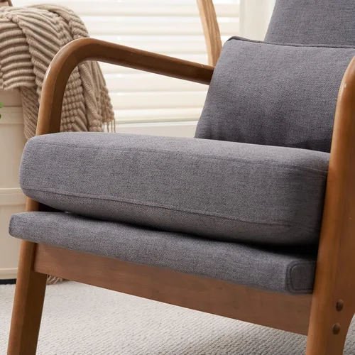 Miniatura 6 de SSLine Sillón tapizado moderno de tela de lino suave con almohada y marco de madera de roble, cómodo sofá individual con respaldo alto, silla