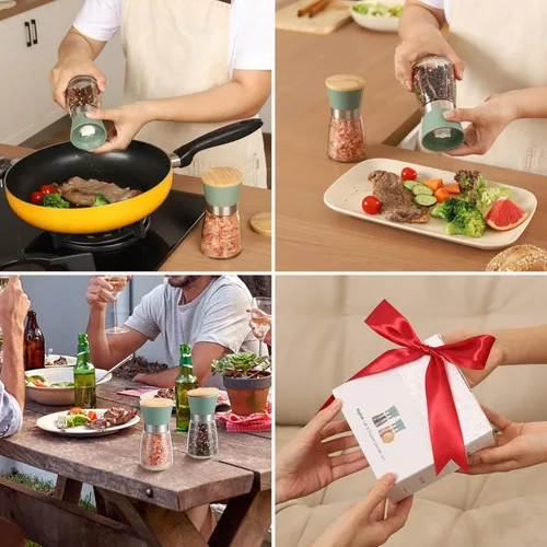 Miniatura 6 de VUCCHINI Juego de molinillo de sal y pimienta con tapa de bambú, molinos de sal y pimienta gruesos ajustables, rebabas de cerámica rellenables