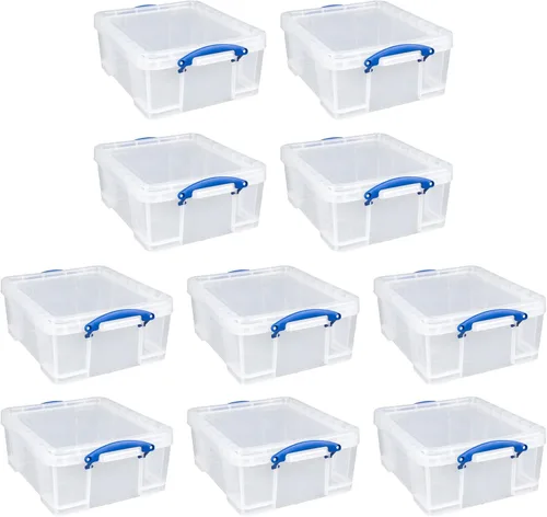 Really Useful Box - 10 unidades de contenedores de plástico para almacenamiento de 17 L, con tapas de cierre rápido y candado de clip, transparentes