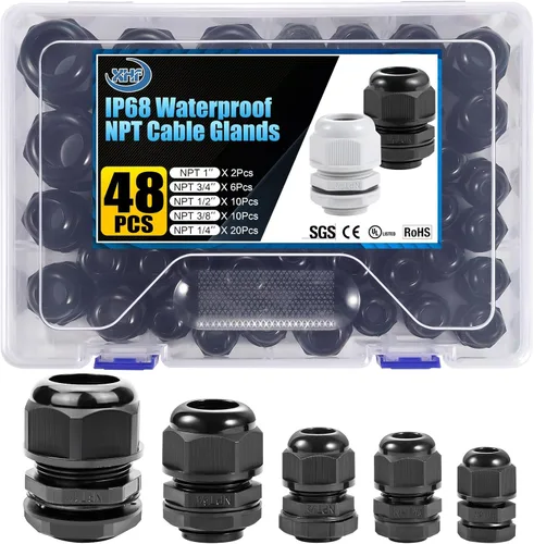 Surtido de prensaestopas de nailon IP68, impermeable, con certificación UL y compatible con RoHS, 20 piezas, alivio de tensión de cable de 1/4 Negro