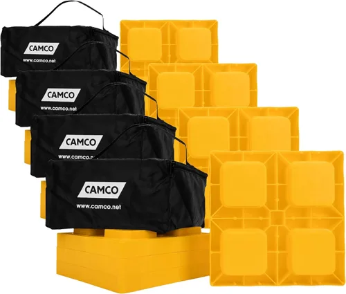 Camco Bloques de nivelación para autocaravana/RV - Presenta diseño de encaje apilable e incluye bolsa con cremallera para almacenamiento de RV -