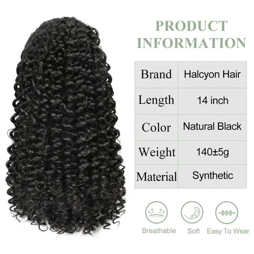 Miniatura 2 de Halcyon Extensión de cola de caballo con cordón para mujeres negras, 14 pulgadas, con cordón rizado, sintético, clip instantáneo, extensión de cola