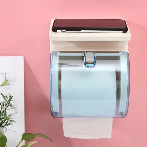 Miniatura 2 de Soporte de papel higiénico para montaje en pared, dispensador de papel higiénico de plástico impermeable a prueba de gatos con estante, autoadhesivo