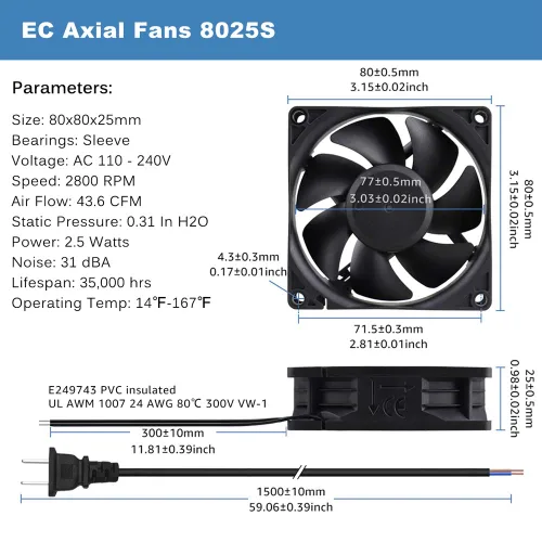 Miniatura 6 de GDSTIME EC AXIAL 8025, ventilador de magdalenas 110 V 115 V 120 V 220 V 240 V CA 3.150 in x 0.984 in pequeño ventilador de refrigeración sin