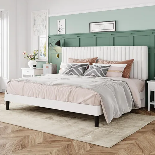 Miniatura 3 de Allewie Base de cama tamaño King, plataforma tapizada de terciopelo con cabecera capitoné de canal vertical ajustable, base de colchón con listones
