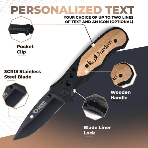 Miniatura 2 de Palmetto Wood Shop - Cuchillo de bolsillo grabado con láser, regalo para hombres 3.25" Stainless Steel Blade, Real Wood Handle, Personalized Text