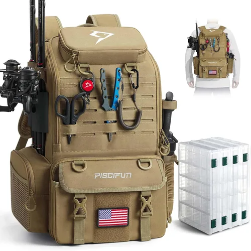 Piscifun Mochila para equipo de pesca de 52L con soportes para cañas y 4 cajas de aparejos, bolsa grande de aparejos para almacenamiento de equipo
