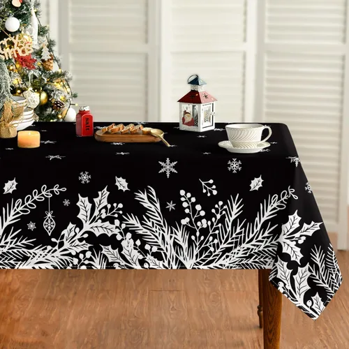 Miniatura 13 de Horaldaily Mantel de Navidad rectangular de 60 x 84 pulgadas, diseño de hojas florales, lavable, para decoración de fiestas, pícnic, cenas Rojo
