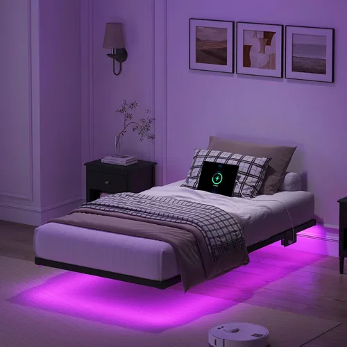YORMDMO Base de cama flotante tamaño individual, marco de cama resistente con luces LED inteligentes y estación de carga, cama moderna de plataforma