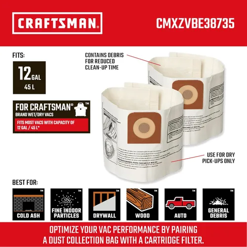 Miniatura 2 de CRAFTSMAN CMXZVBE38735 - Bolsas de recolección de polvo fino genuino para aspiradora de aspiradora seca y húmeda para la mayoría de aspiradoras