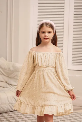 Miniatura 4 de GRACE KARIN Vestido escalonado con volantes para niñas, vestido acampanado de manga larga con lunares suizos, 6-12 años