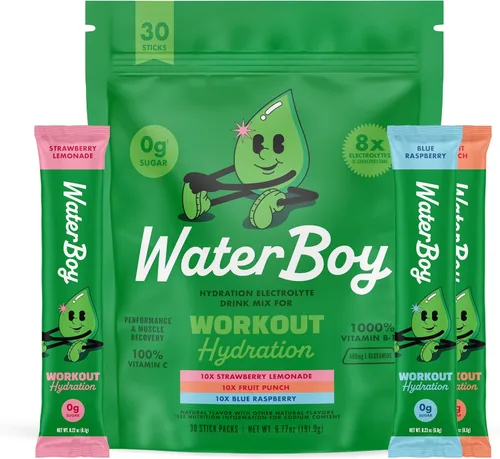 Waterboy Hidratación de entrenamiento | Paquetes de electrolitos en polvo de 2,960 mg sin azúcar | L-glutamina + vitaminas | Sin azúcar, todo