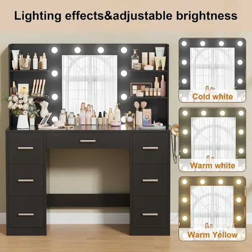 Miniatura 5 de Escritorio de maquillaje con espejo y 10 luces, mesa con 7 cajones y 4 estantes abiertos, 3 modos de color y brillo ajustable, estación de carga