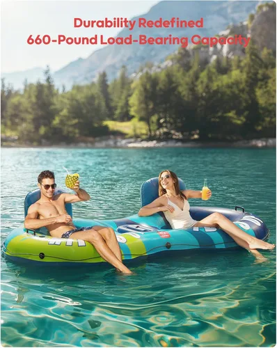 Miniatura 3 de QPAU Tubo inflable doble para río, 2 personas con capacidad de 660 libras, resistente a pinchazos de 93 pulgadas, flotador de río resistente, balsa