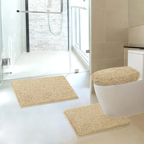 Miniatura 2 de Tapete de baño lavable a máquina, absorbe de agua, es antideslizante, suave y de microfibra, felpilla+F199:G228, Beige, 3 PCS
