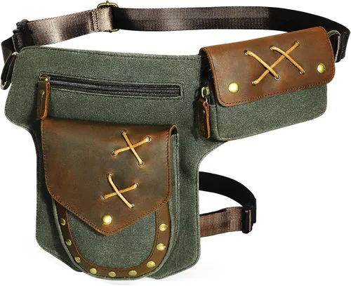 Handadsume Lona resistente al agua más cuero motocicleta riñonera un hombro gota pierna muslo bolsa para hombres mujeres N211-8, El Verde Ejército,