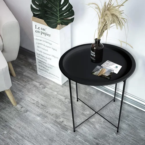 Miniatura 9 de Garden 4 you - Mesa auxiliar de metal negra redonda plegable con bandeja cian, mesa auxiliar redonda, para poner al lado del sofá, mesa